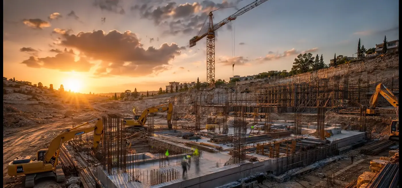 Excavated site with piling rigs at first light, before the raft is poured.